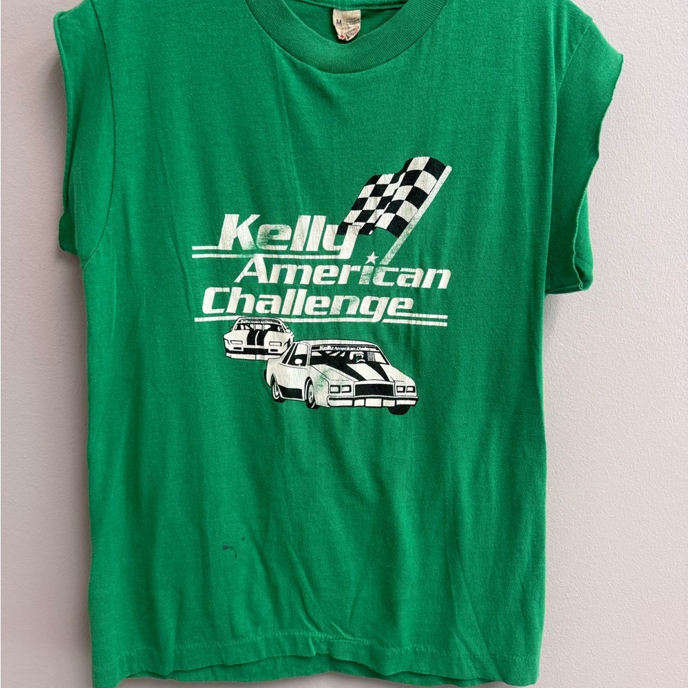 Vintage Screen Stars Green Short Sleeve Tee with Racing Graphics men’s m thin